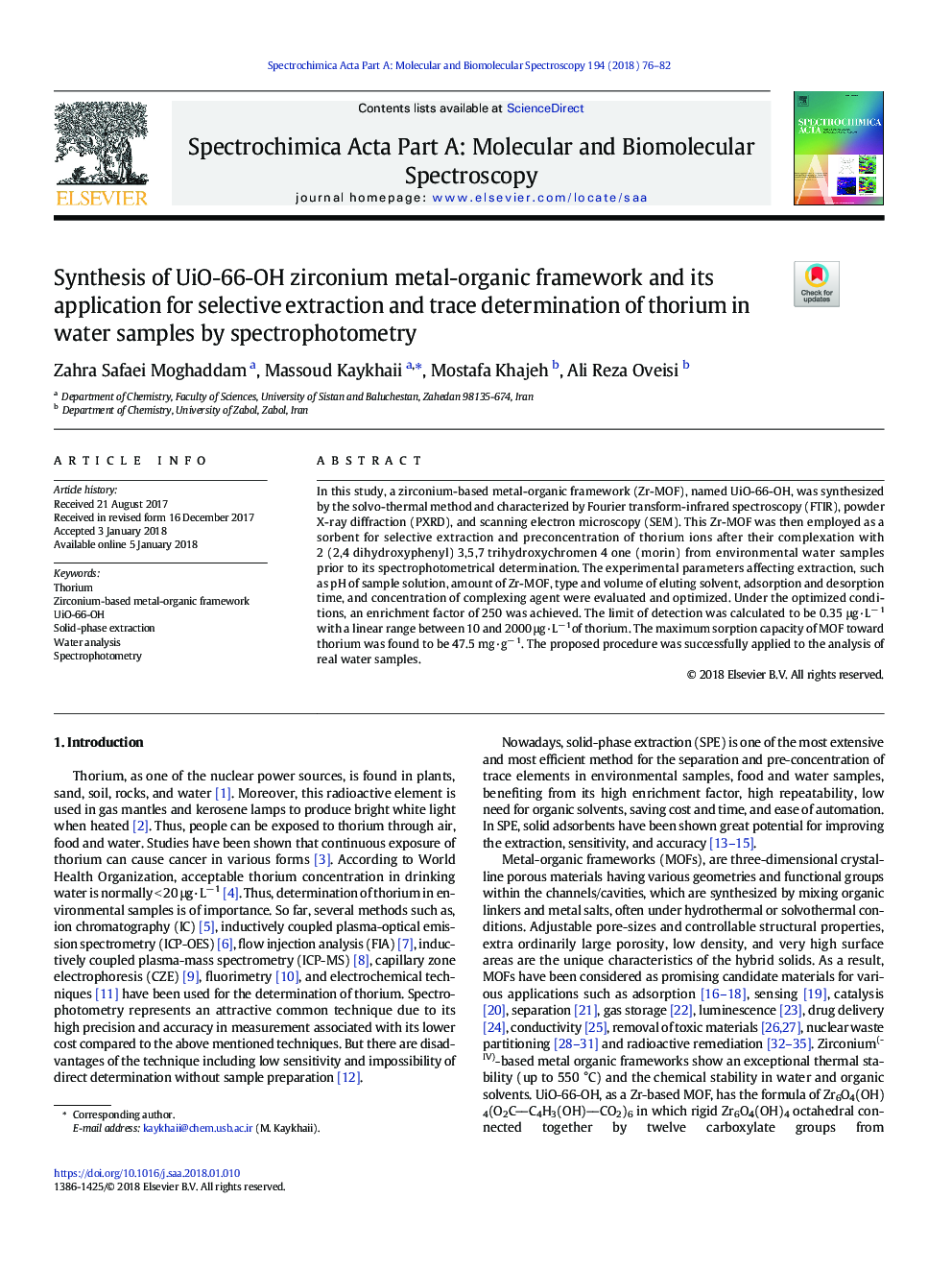 Synthesis of UiO-66-OH zirconium metal-organic framework and its application for selective extraction and trace determination of thorium in water samples by spectrophotometry