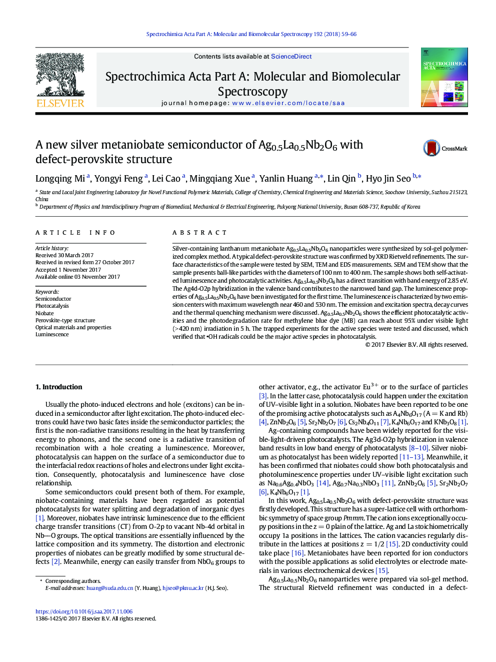 A new silver metaniobate semiconductor of Ag0.5La0.5Nb2O6 with defect-perovskite structure