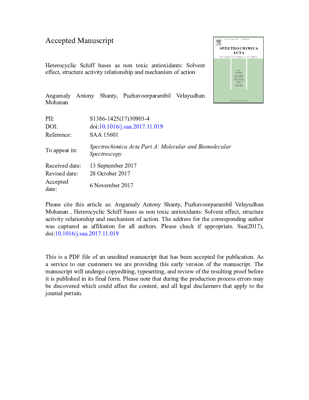 Heterocyclic Schiff bases as non toxic antioxidants: Solvent effect, structure activity relationship and mechanism of action