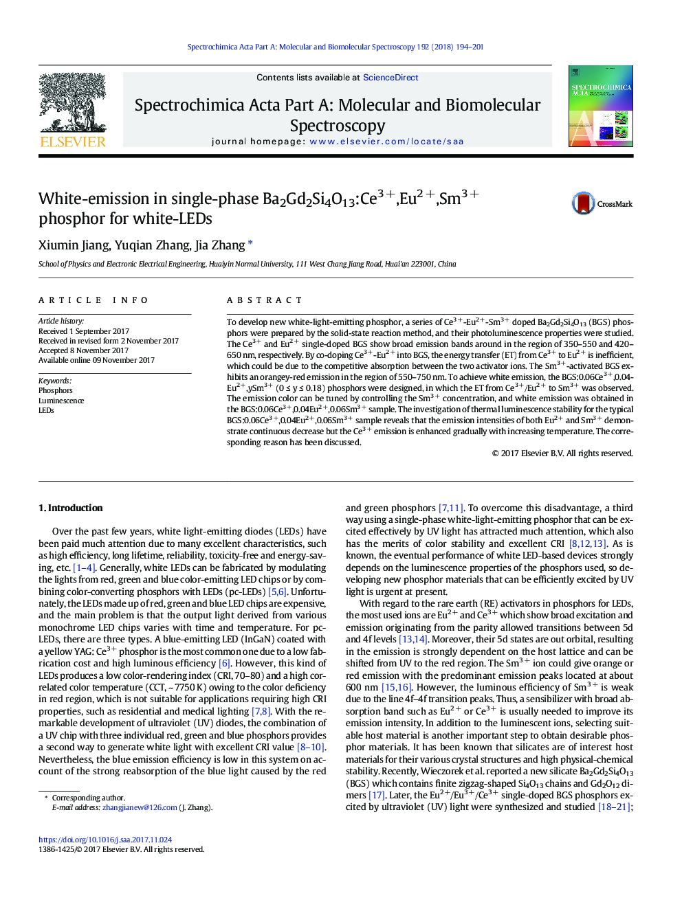 White-emission in single-phase Ba2Gd2Si4O13:Ce3Â +,Eu2Â +,Sm3Â + phosphor for white-LEDs