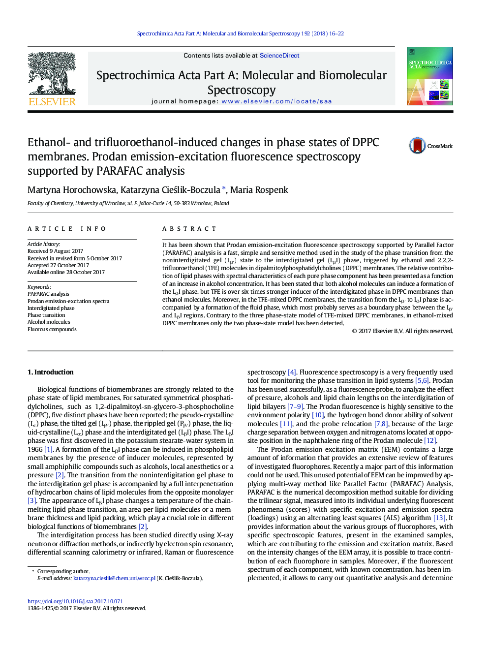 Ethanol- and trifluoroethanol-induced changes in phase states of DPPC membranes. Prodan emission-excitation fluorescence spectroscopy supported by PARAFAC analysis