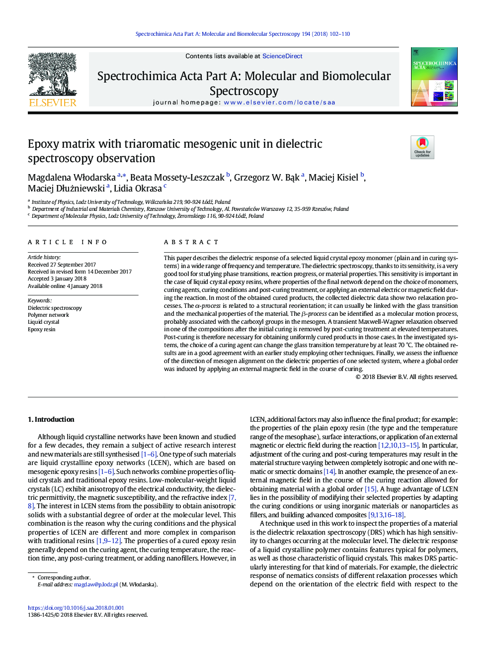 Epoxy matrix with triaromatic mesogenic unit in dielectric spectroscopy observation