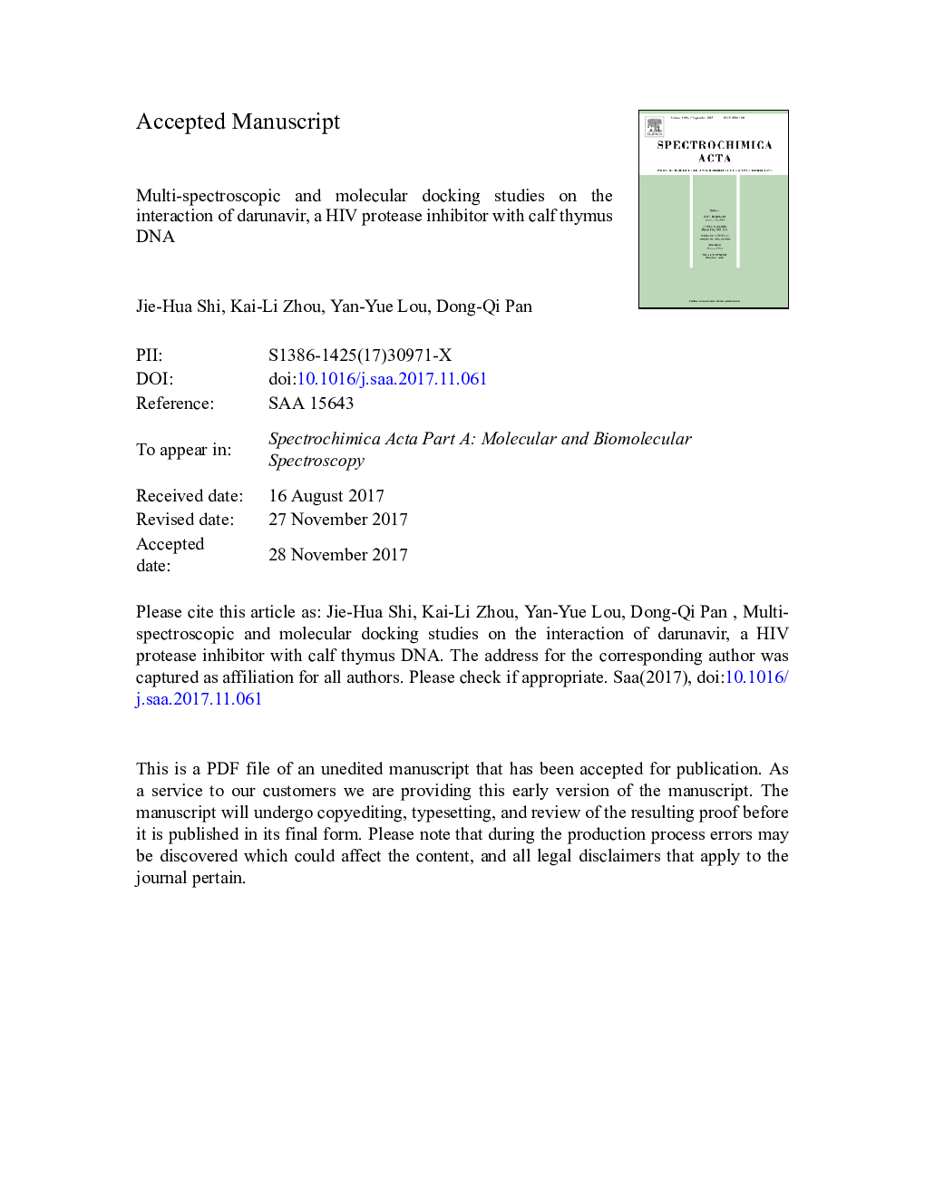 Multi-spectroscopic and molecular docking studies on the interaction of darunavir, a HIV protease inhibitor with calf thymus DNA