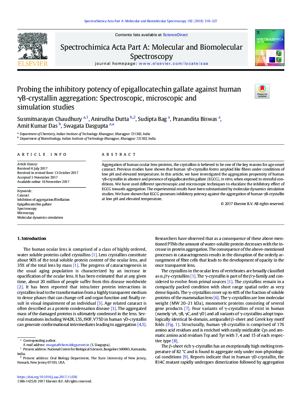 Probing the inhibitory potency of epigallocatechin gallate against human Î³B-crystallin aggregation: Spectroscopic, microscopic and simulation studies