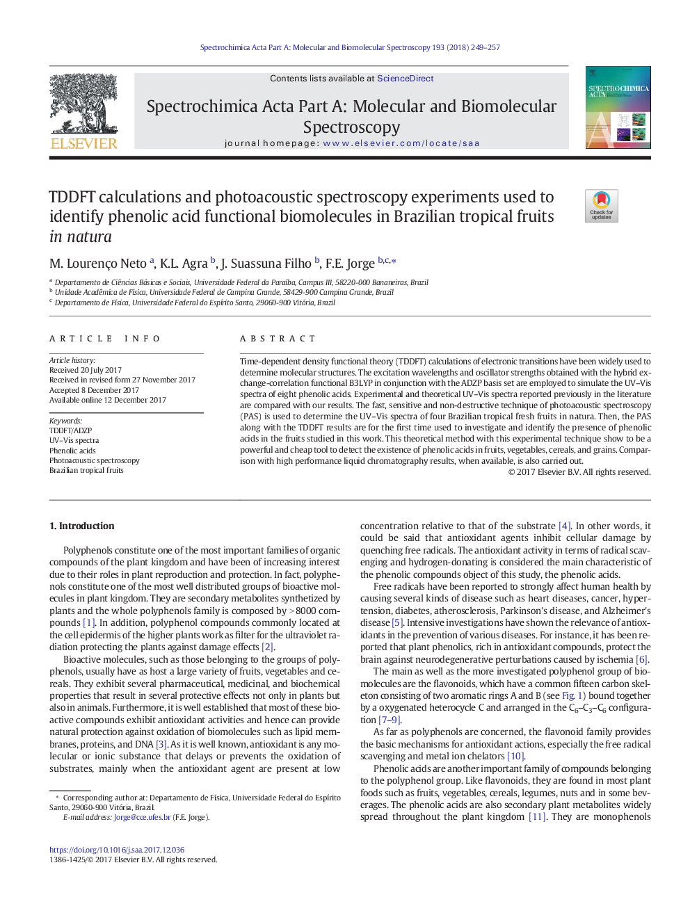 TDDFT calculations and photoacoustic spectroscopy experiments used to identify phenolic acid functional biomolecules in Brazilian tropical fruits in natura