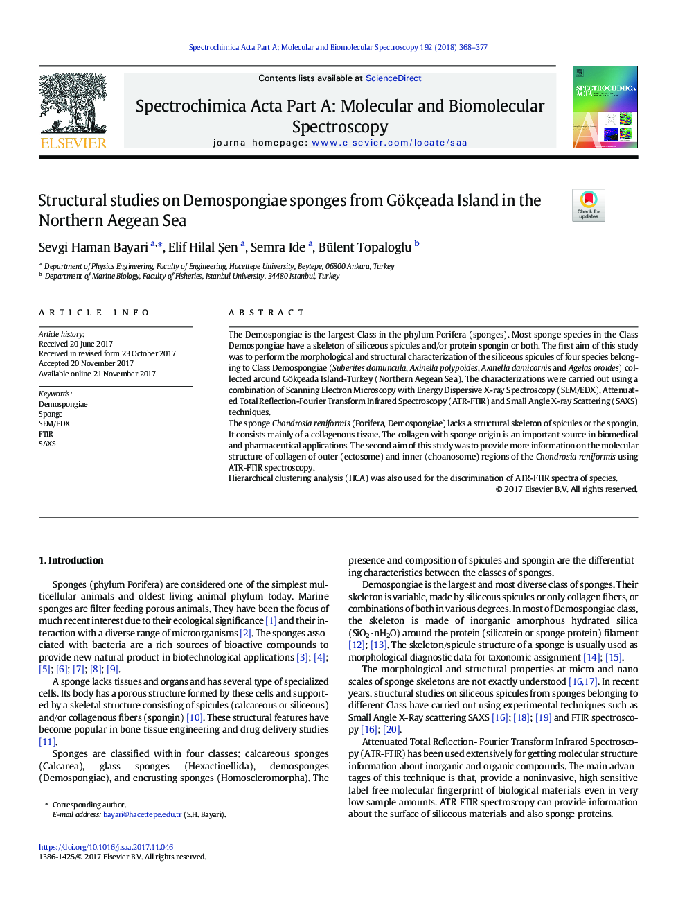 Structural studies on Demospongiae sponges from Gökçeada Island in the Northern Aegean Sea