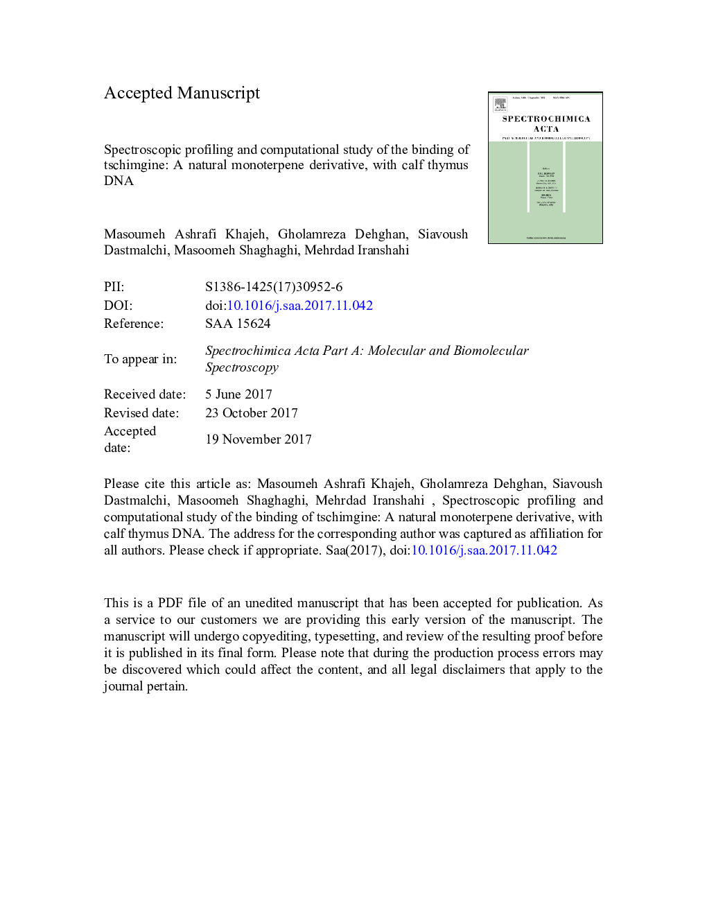 Spectroscopic profiling and computational study of the binding of tschimgine: A natural monoterpene derivative, with calf thymus DNA