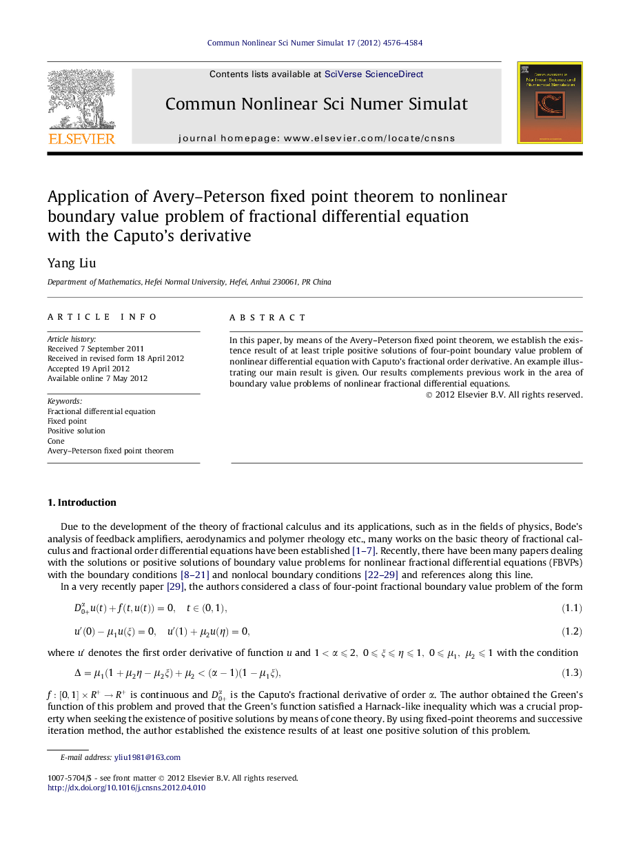 Application of Avery–Peterson fixed point theorem to nonlinear boundary value problem of fractional differential equation with the Caputo’s derivative