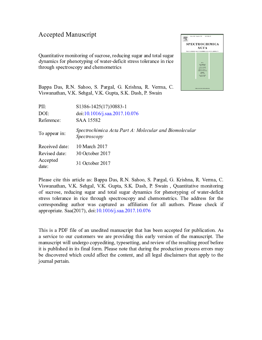 Quantitative monitoring of sucrose, reducing sugar and total sugar dynamics for phenotyping of water-deficit stress tolerance in rice through spectroscopy and chemometrics