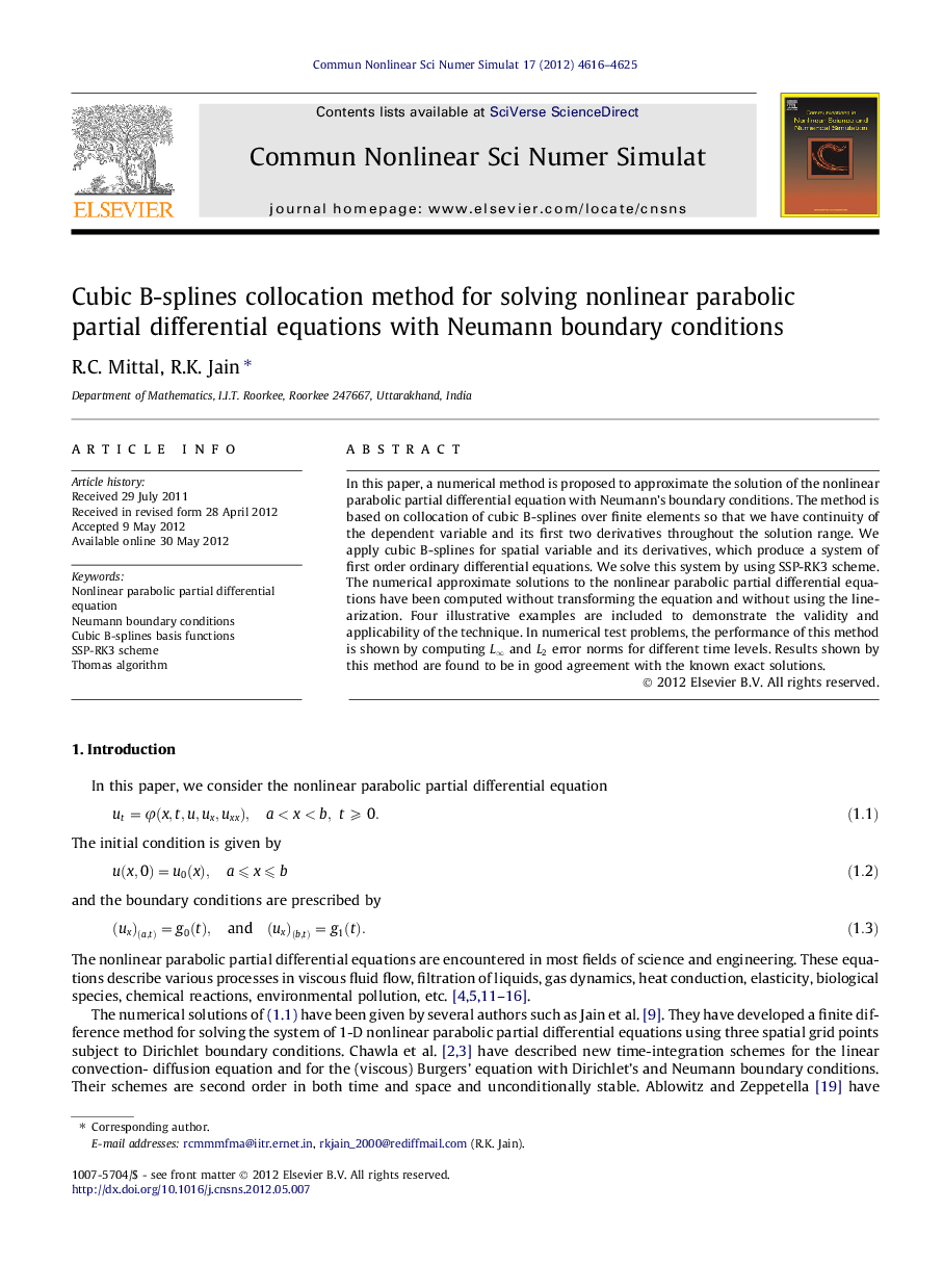 Cubic B-splines collocation method for solving nonlinear parabolic partial differential equations with Neumann boundary conditions