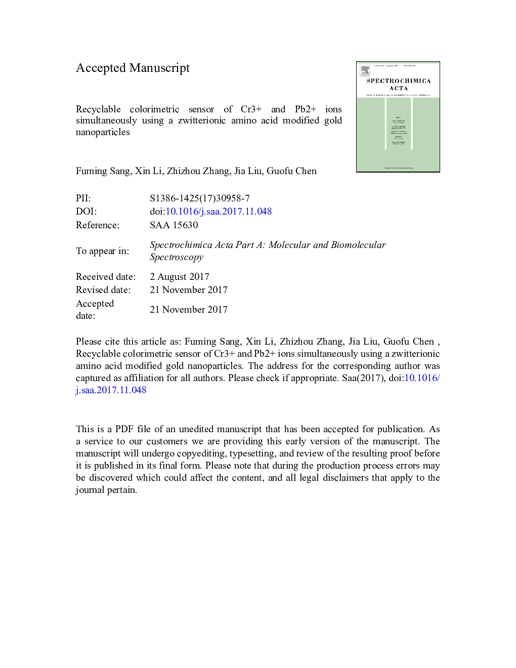 Recyclable colorimetric sensor of Cr3Â + and Pb2Â + ions simultaneously using a zwitterionic amino acid modified gold nanoparticles