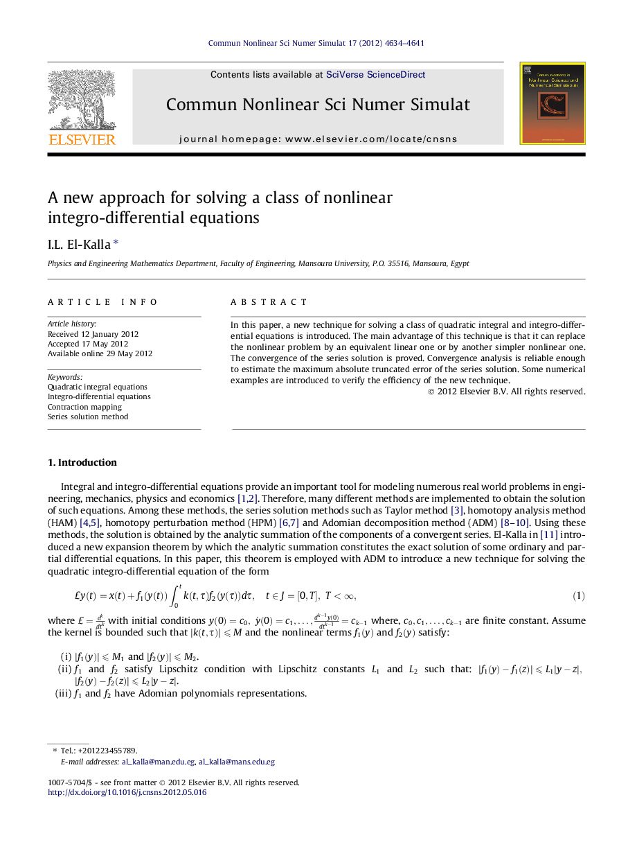 عکس صفحه اول مقاله: A new approach for solving a class of nonlinear integro-differential equations A new approach for solving a class of nonlinear integro-differential equations