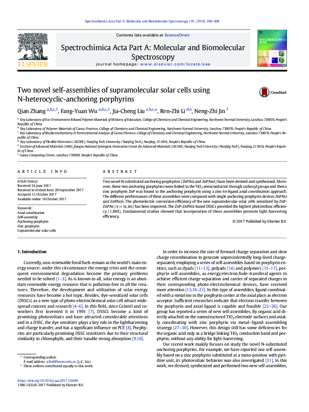 Two novel self-assemblies of supramolecular solar cells using N-heterocyclic-anchoring porphyrins