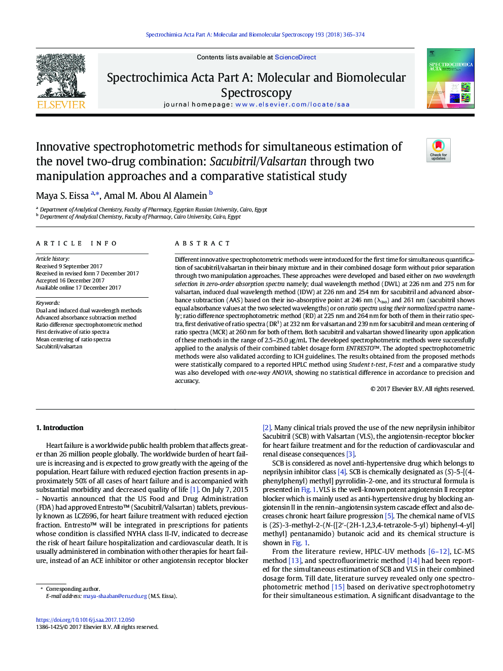 Innovative spectrophotometric methods for simultaneous estimation of the novel two-drug combination: Sacubitril/Valsartan through two manipulation approaches and a comparative statistical study