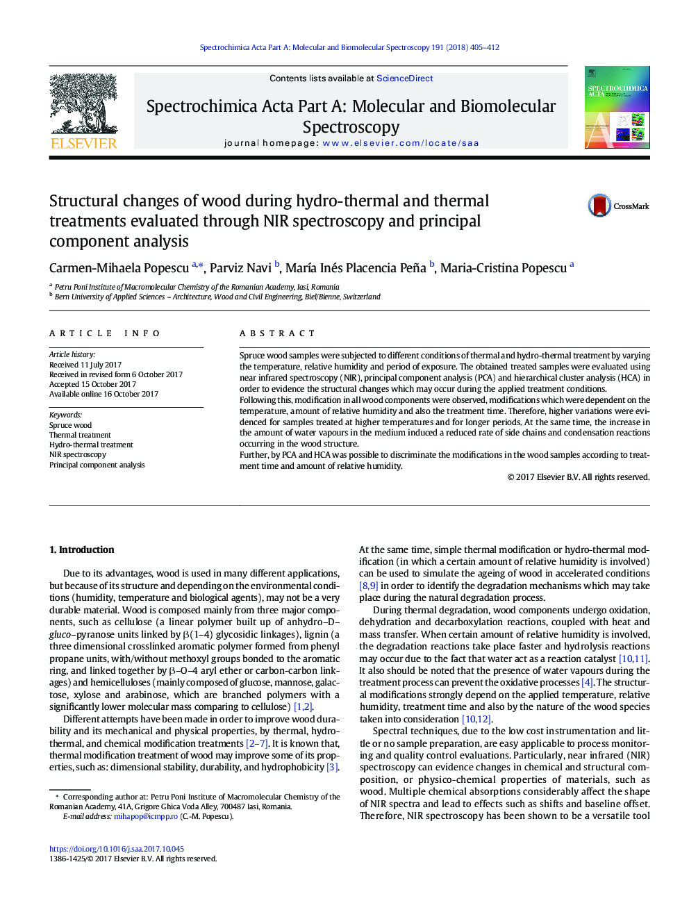 Structural changes of wood during hydro-thermal and thermal treatments evaluated through NIR spectroscopy and principal component analysis