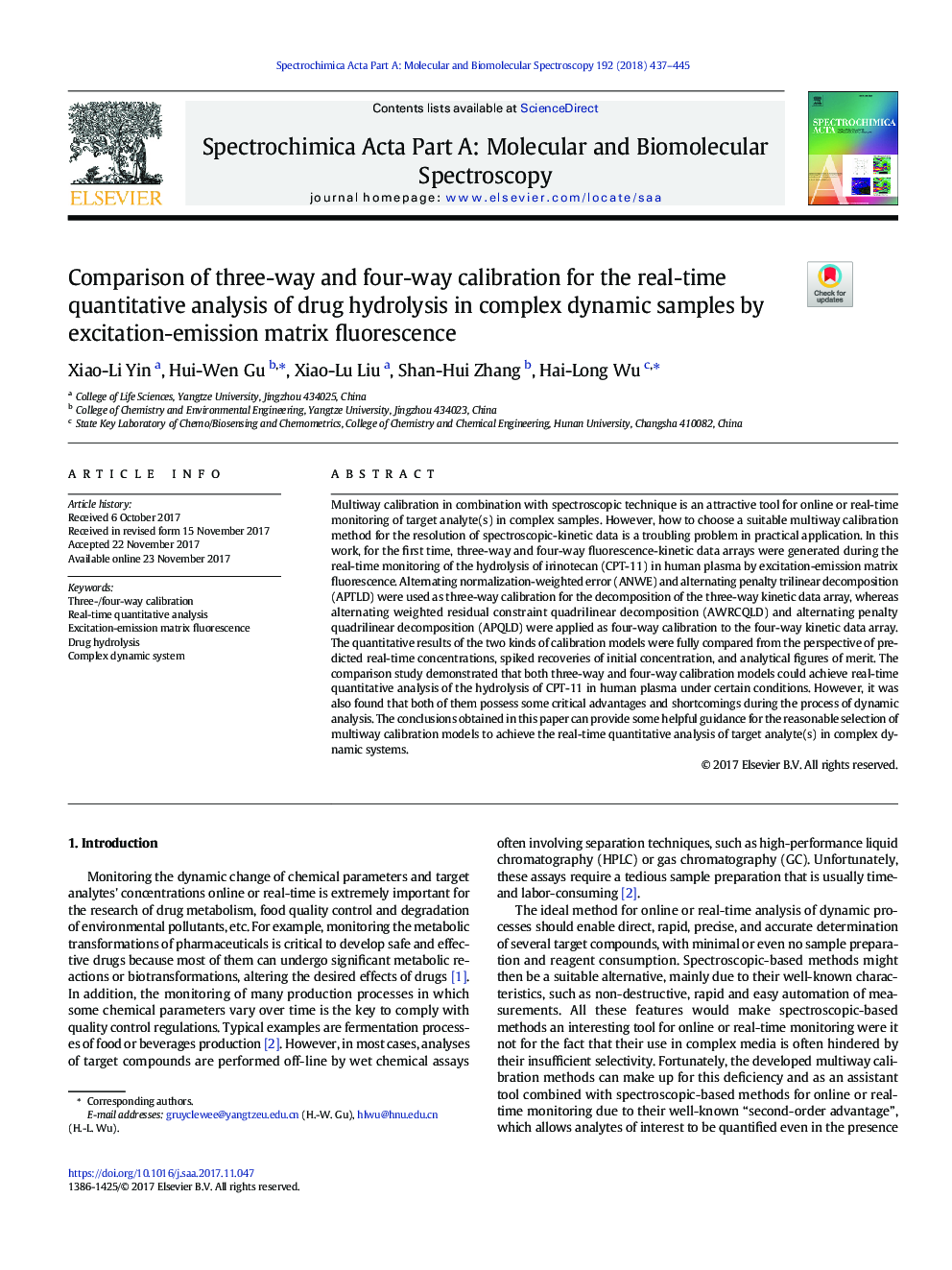 Comparison of three-way and four-way calibration for the real-time quantitative analysis of drug hydrolysis in complex dynamic samples by excitation-emission matrix fluorescence