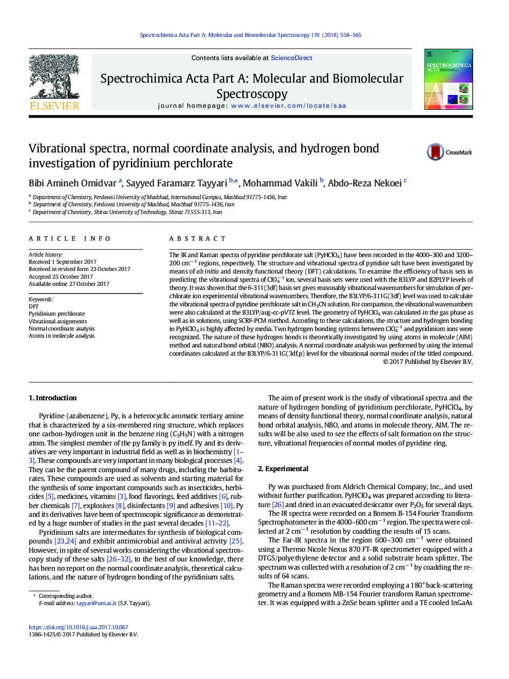 Vibrational spectra, normal coordinate analysis, and hydrogen bond investigation of pyridinium perchlorate