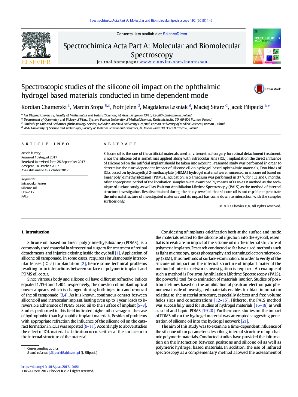 Spectroscopic studies of the silicone oil impact on the ophthalmic hydrogel based materials conducted in time dependent mode