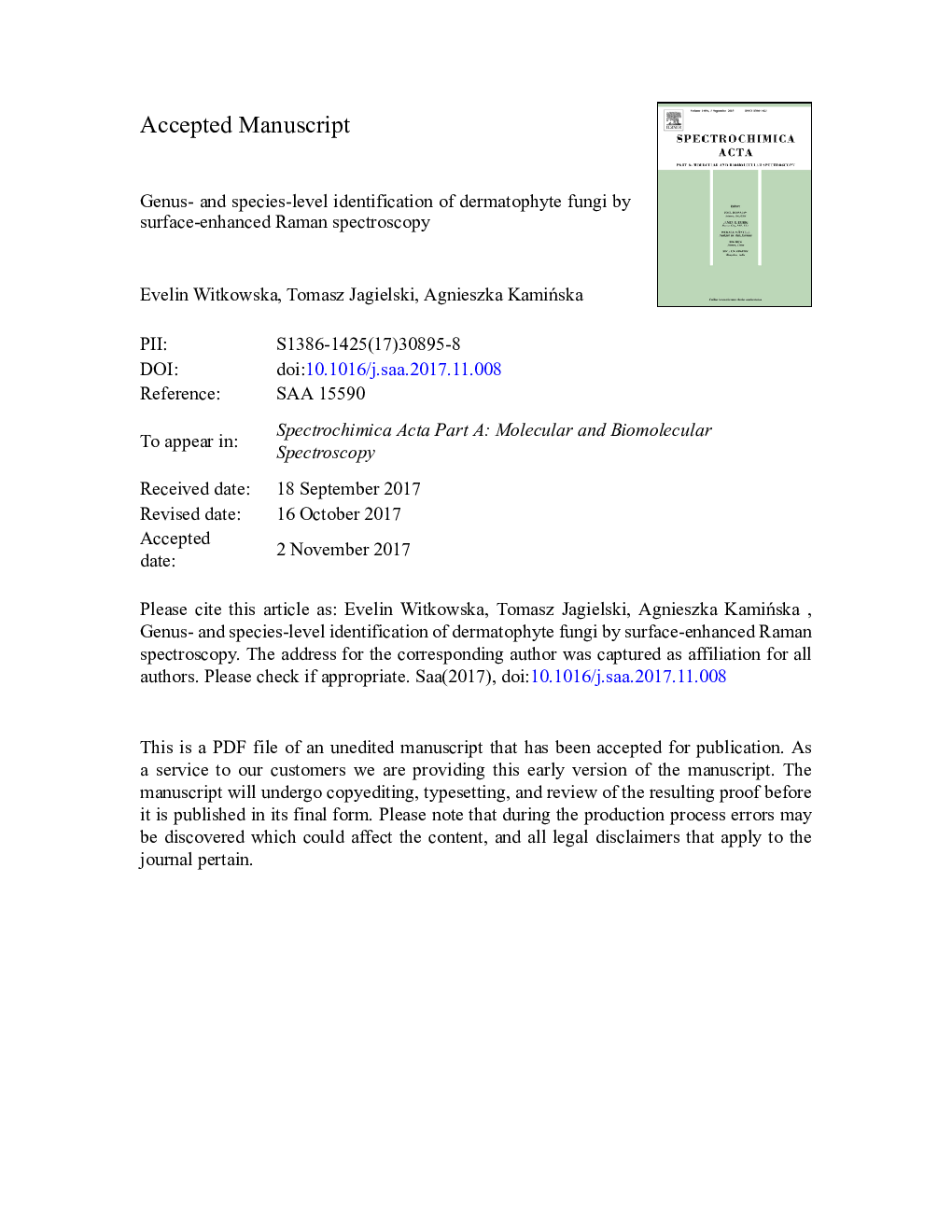 Genus- and species-level identification of dermatophyte fungi by surface-enhanced Raman spectroscopy