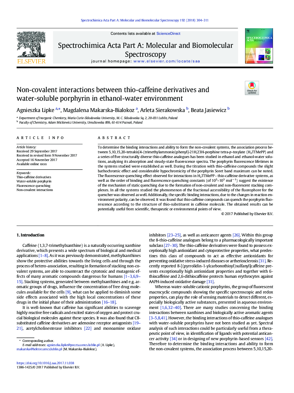 Non-covalent interactions between thio-caffeine derivatives and water-soluble porphyrin in ethanol-water environment