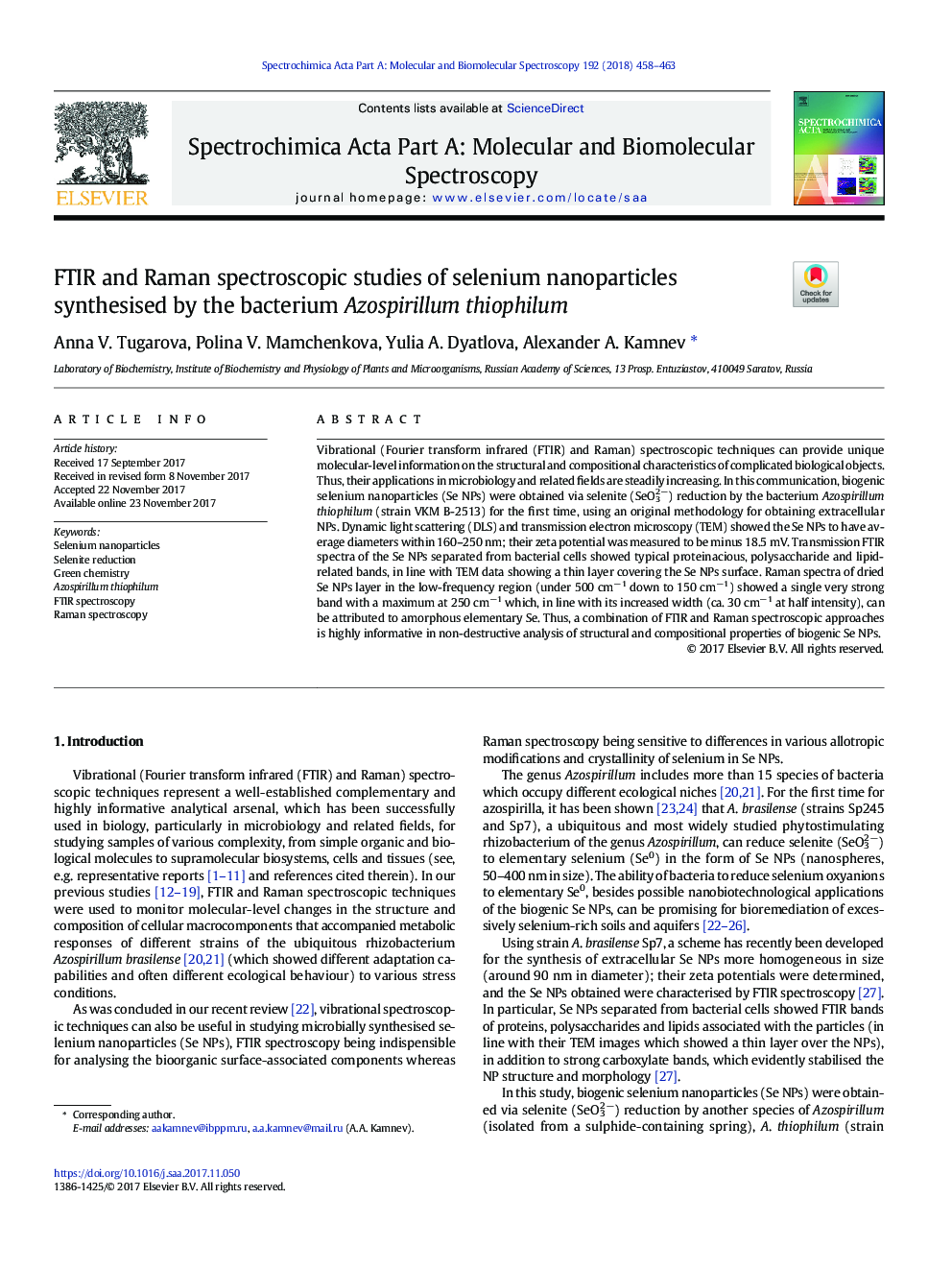 FTIR and Raman spectroscopic studies of selenium nanoparticles synthesised by the bacterium Azospirillum thiophilum