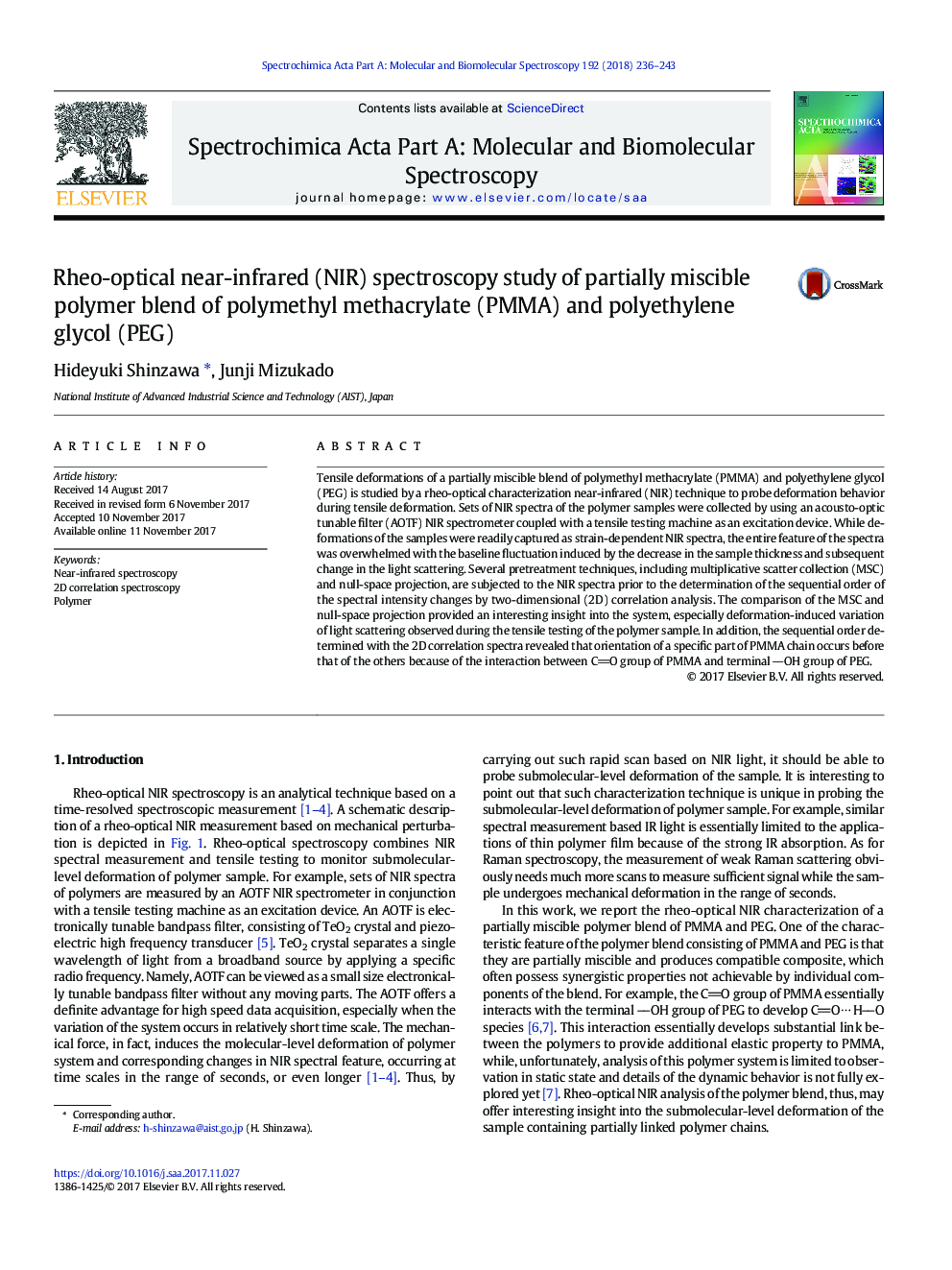 Rheo-optical near-infrared (NIR) spectroscopy study of partially miscible polymer blend of polymethyl methacrylate (PMMA) and polyethylene glycol (PEG)