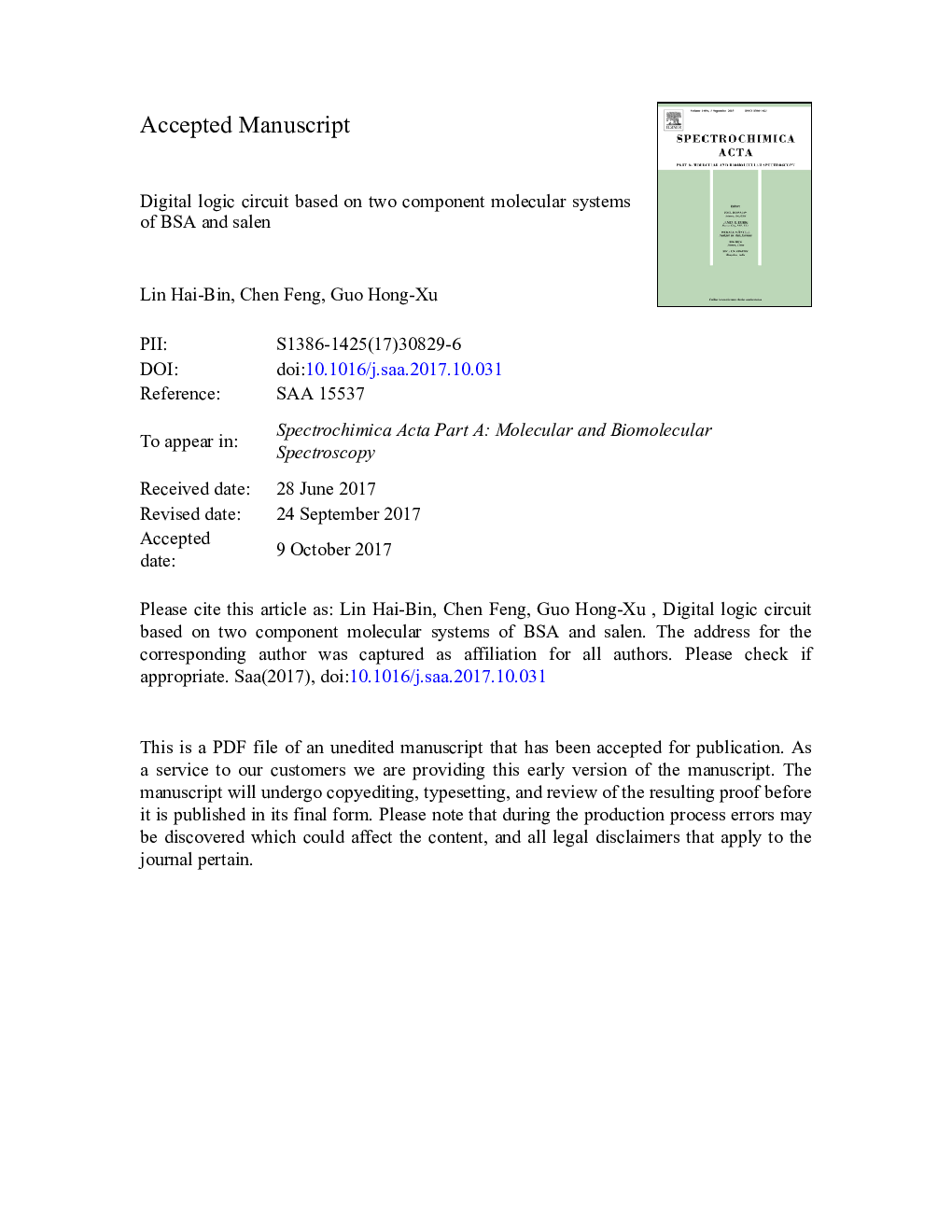 Digital logic circuit based on two component molecular systems of BSA and salen