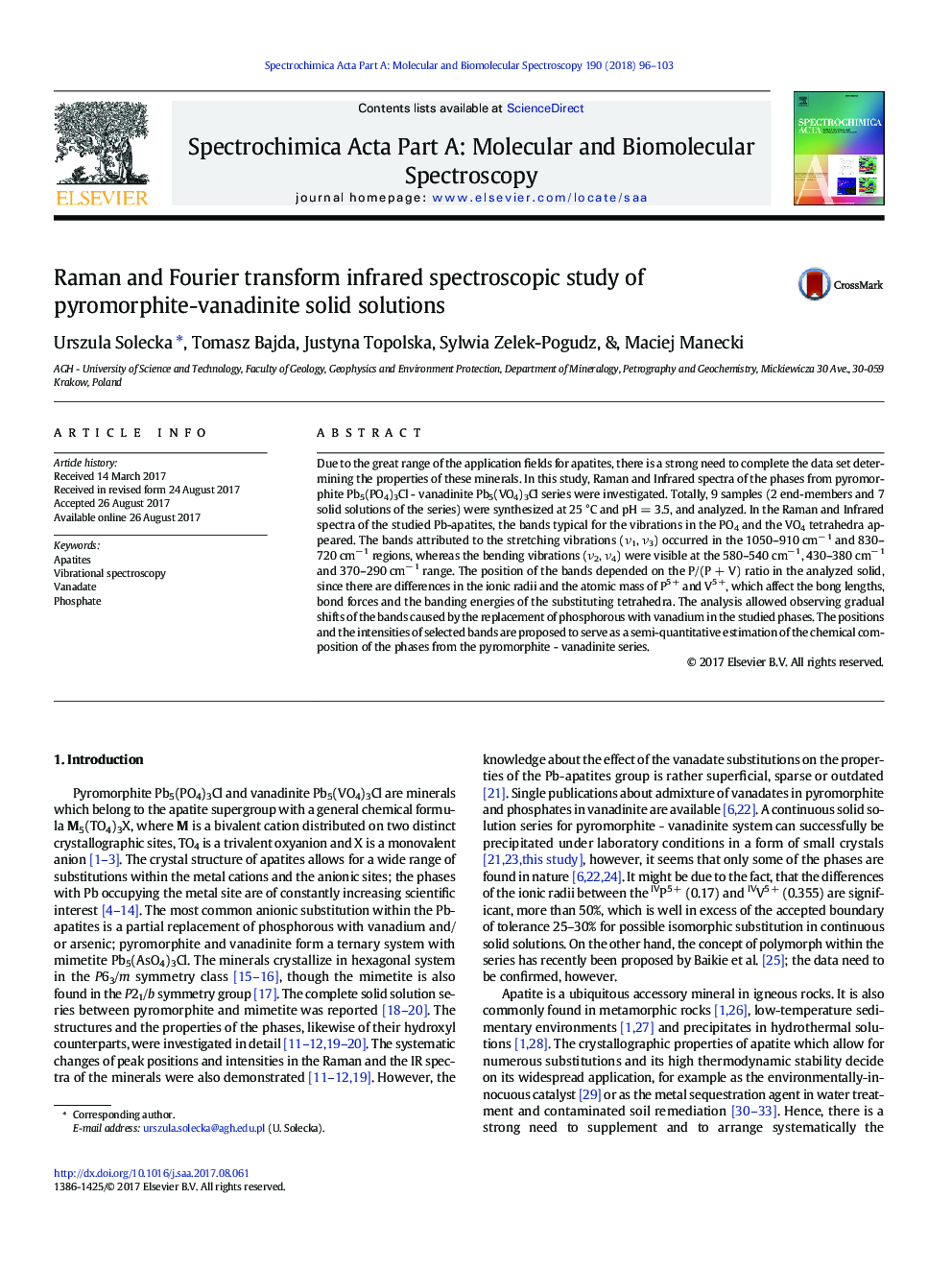 Raman and Fourier transform infrared spectroscopic study of pyromorphite-vanadinite solid solutions