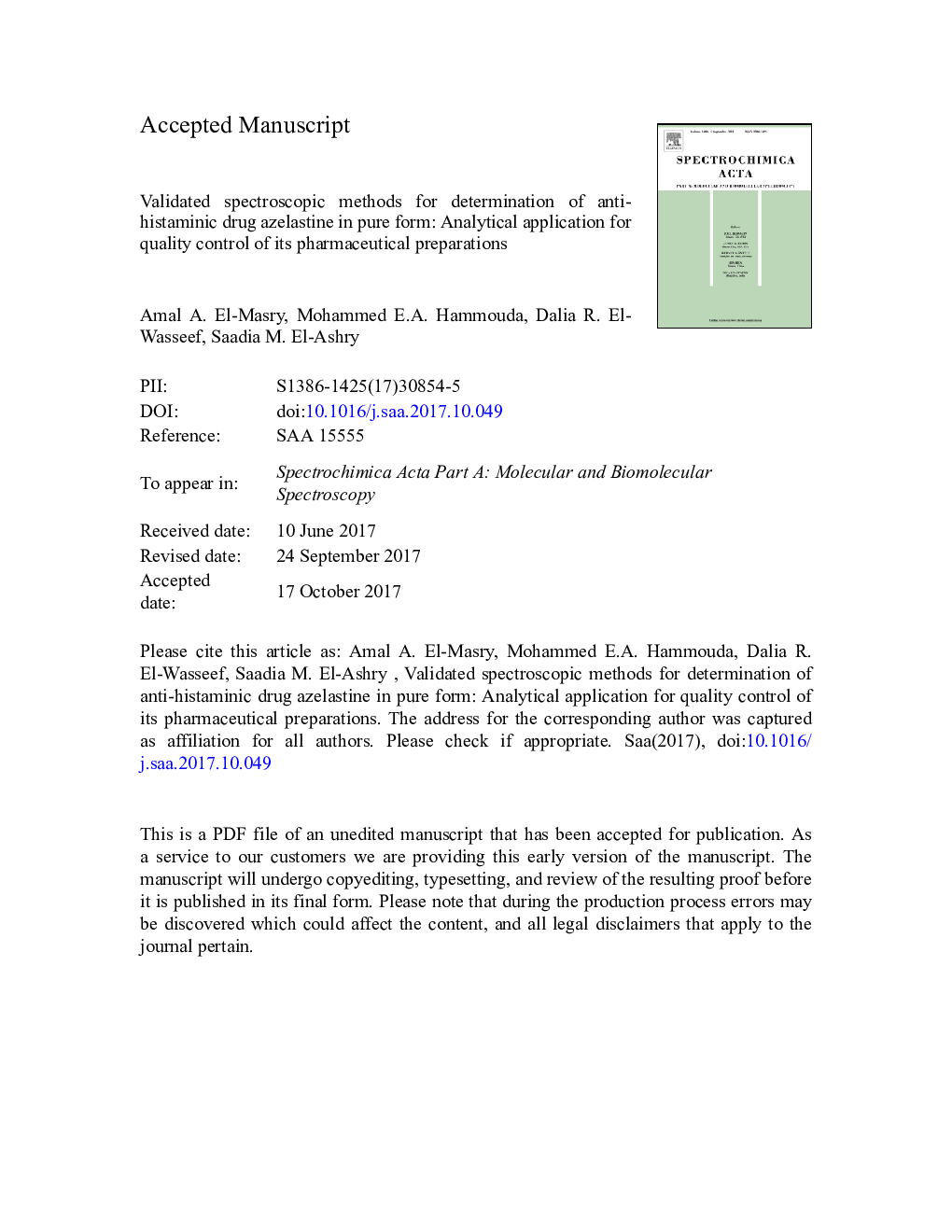 Validated spectroscopic methods for determination of anti-histaminic drug azelastine in pure form: Analytical application for quality control of its pharmaceutical preparations