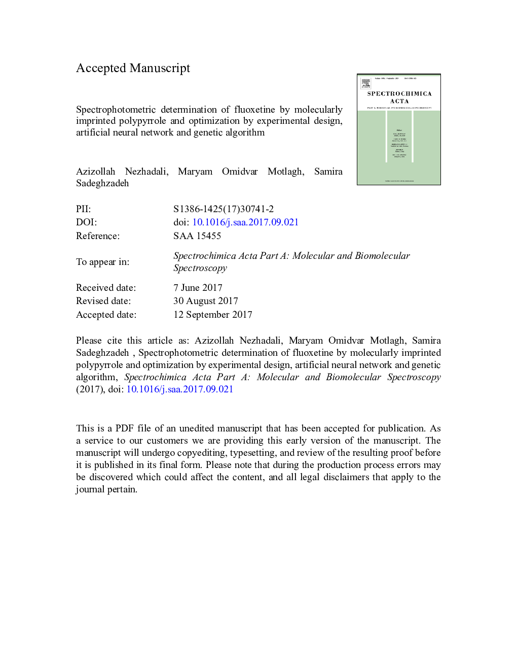 Spectrophotometric determination of fluoxetine by molecularly imprinted polypyrrole and optimization by experimental design, artificial neural network and genetic algorithm