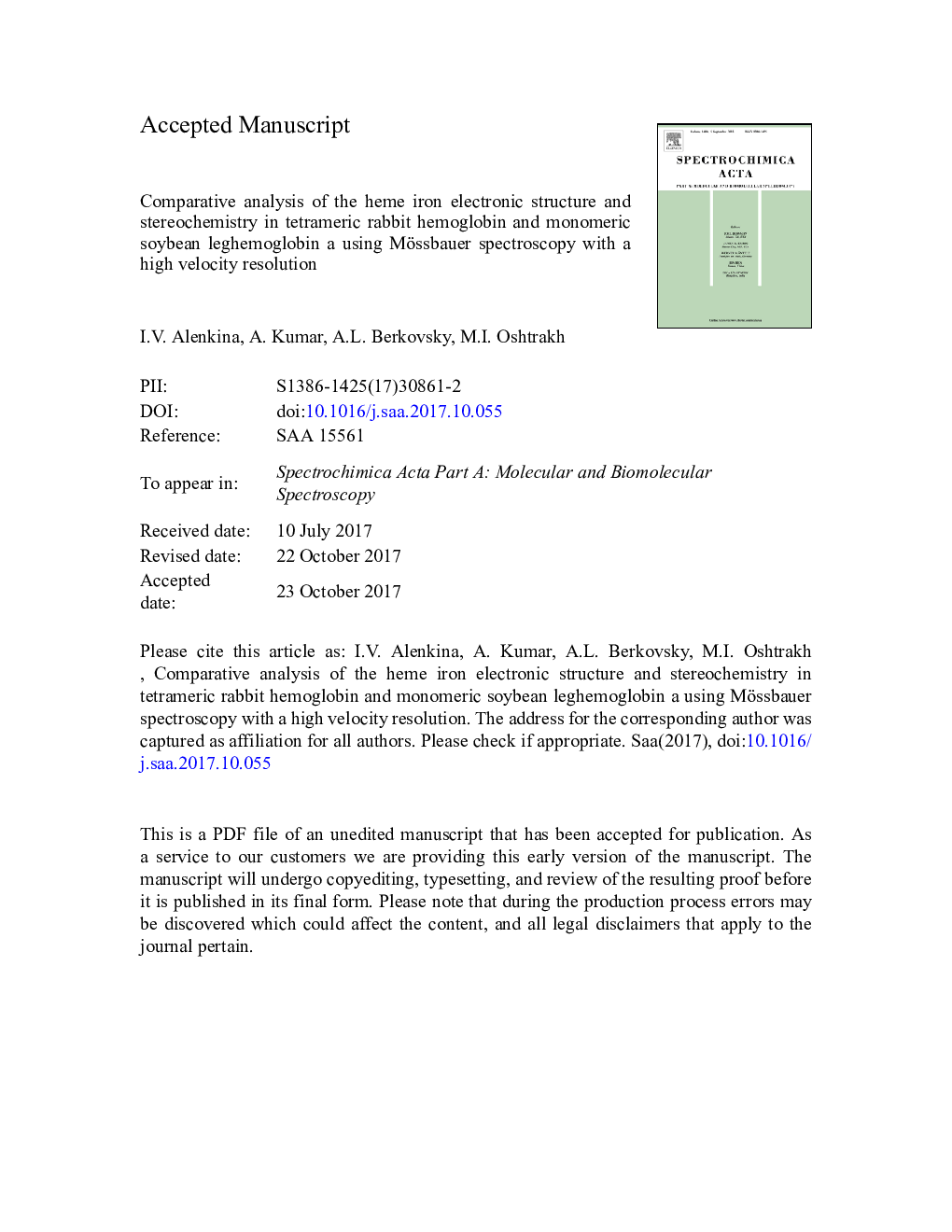 Comparative analysis of the heme iron electronic structure and stereochemistry in tetrameric rabbit hemoglobin and monomeric soybean leghemoglobin a using Mössbauer spectroscopy with a high velocity resolution