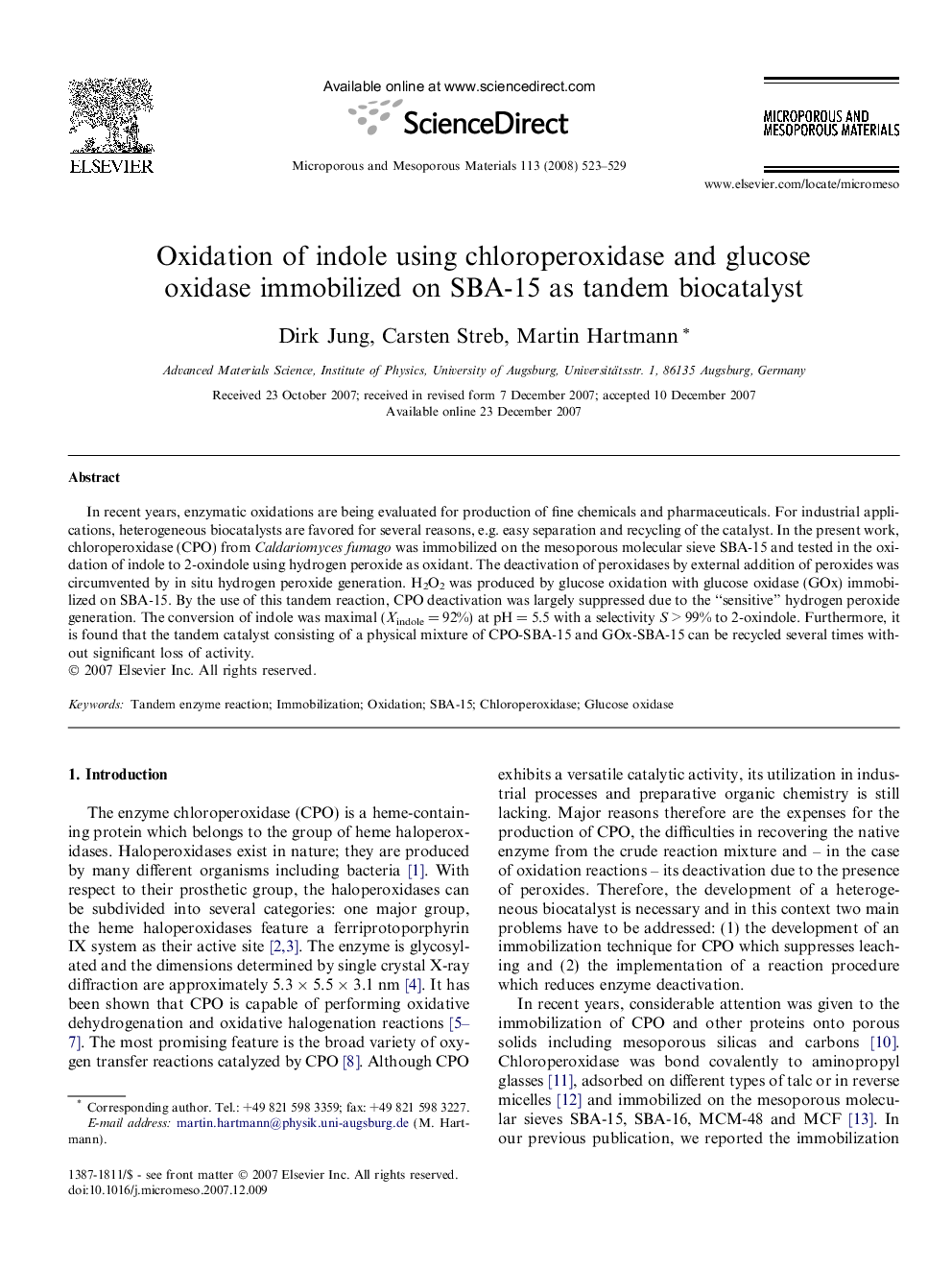 Oxidation of indole using chloroperoxidase and glucose oxidase immobilized on SBA-15 as tandem biocatalyst