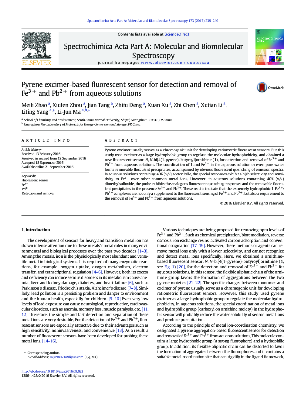 Pyrene excimer-based fluorescent sensor for detection and removal of Fe3Â + and Pb2Â + from aqueous solutions