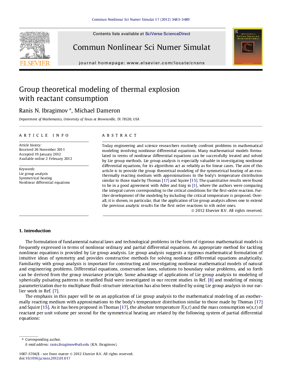 Group theoretical modeling of thermal explosion with reactant consumption