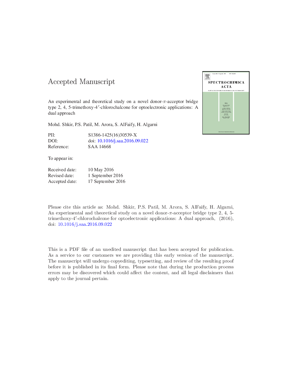 An experimental and theoretical study on a novel donor-Ï-acceptor bridge type 2, 4, 5-trimethoxy-4â²-chlorochalcone for optoelectronic applications: A dual approach