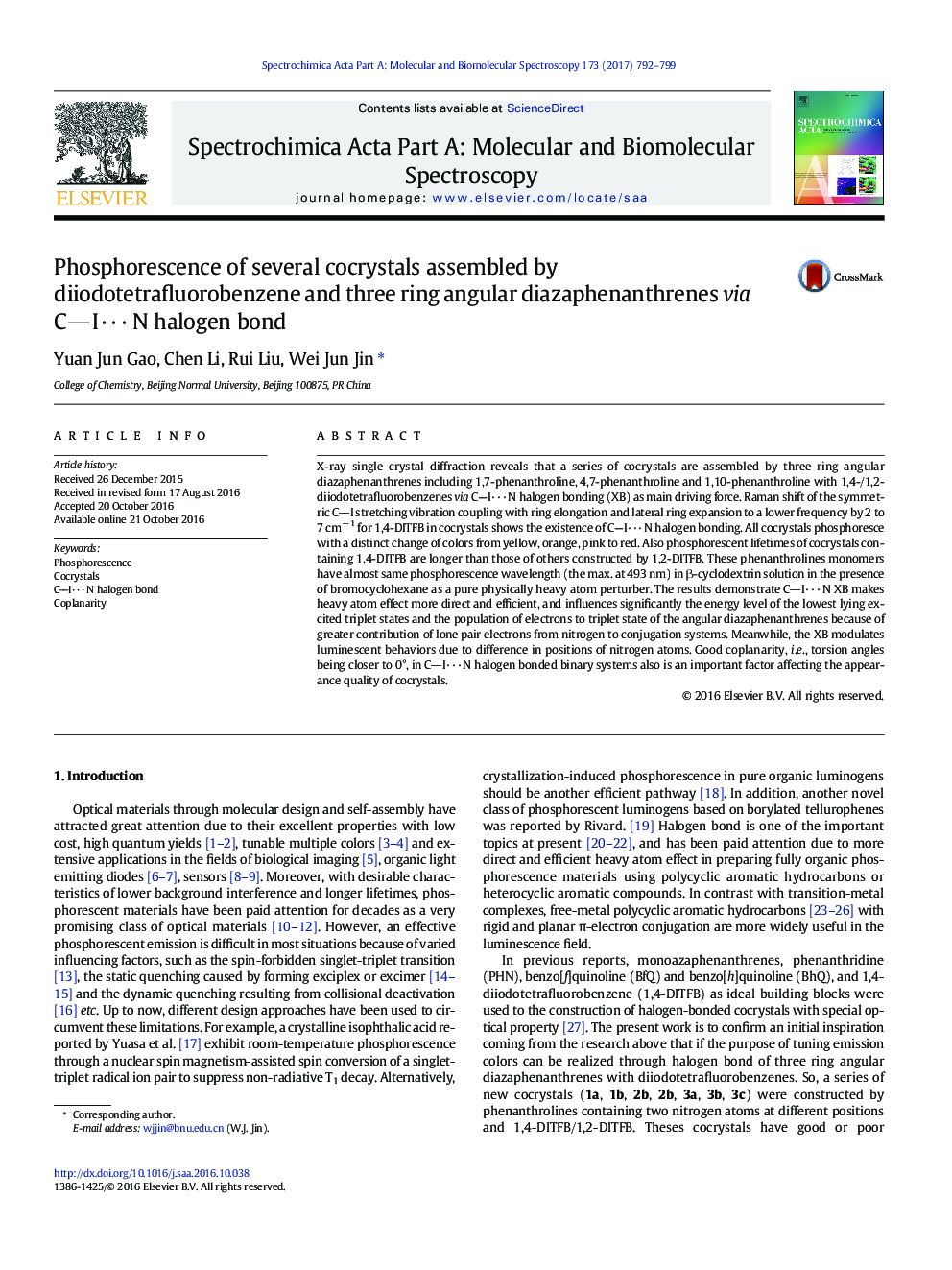 Phosphorescence of several cocrystals assembled by diiodotetrafluorobenzene and three ring angular diazaphenanthrenes via CIÂ·Â·Â·Â N halogen bond