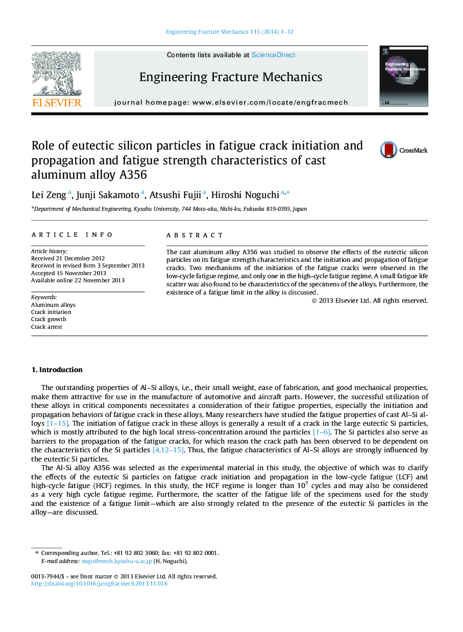 Role of eutectic silicon particles in fatigue crack initiation and propagation and fatigue strength characteristics of cast aluminum alloy A356