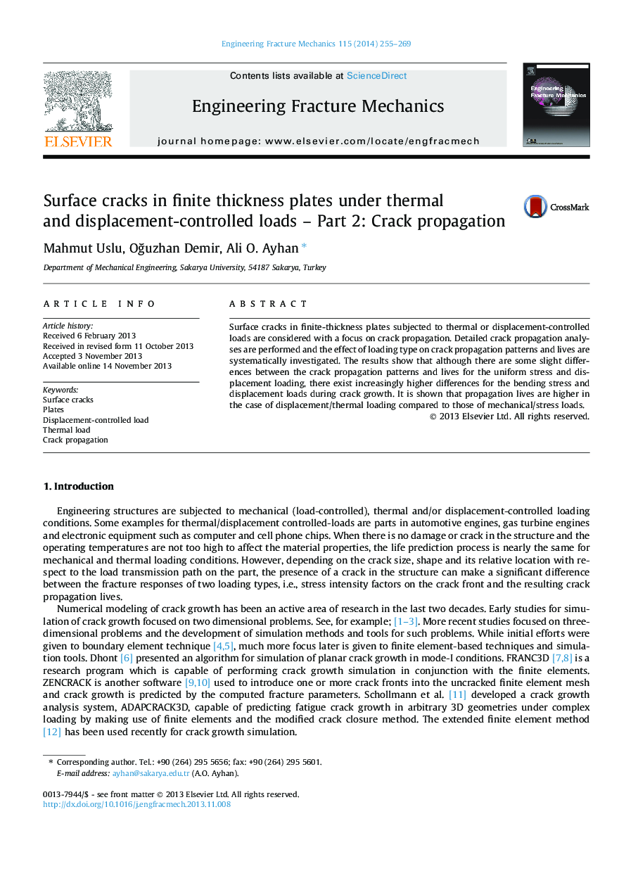 Surface cracks in finite thickness plates under thermal and displacement-controlled loads – Part 2: Crack propagation