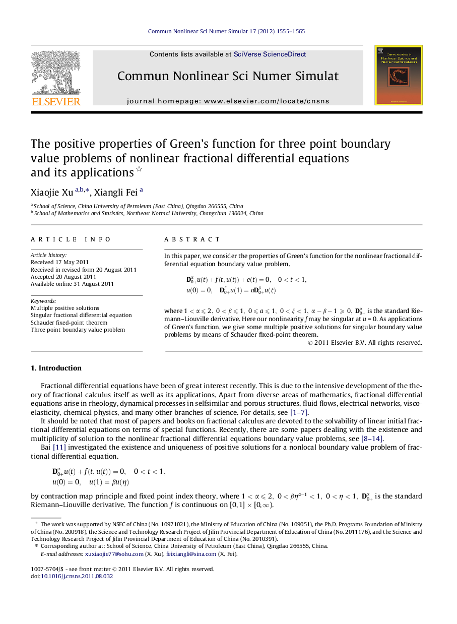 The positive properties of Green’s function for three point boundary value problems of nonlinear fractional differential equations and its applications 