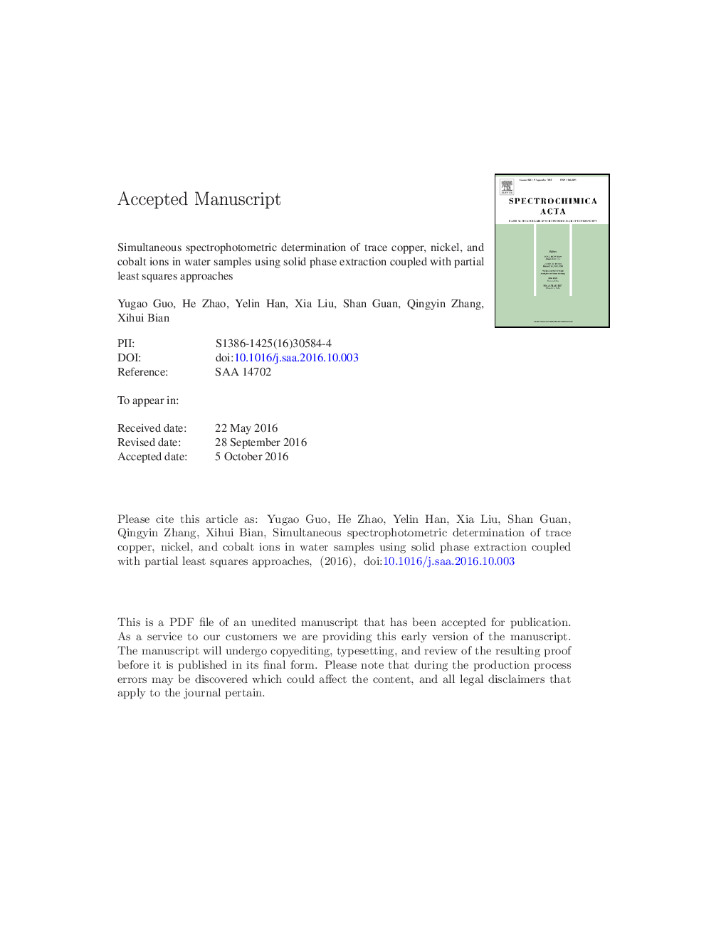 Simultaneous spectrophotometric determination of trace copper, nickel, and cobalt ions in water samples using solid phase extraction coupled with partial least squares approaches