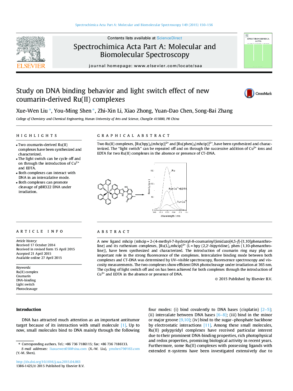 Study on DNA binding behavior and light switch effect of new coumarin-derived Ru(II) complexes