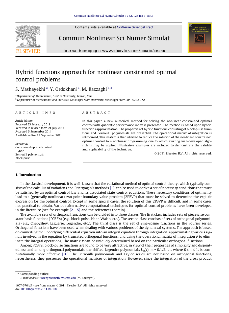 Hybrid functions approach for nonlinear constrained optimal control problems