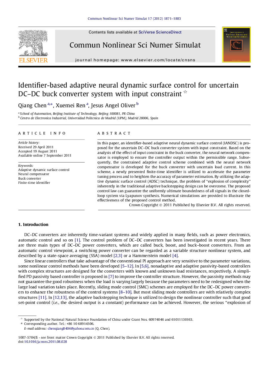 Identifier-based adaptive neural dynamic surface control for uncertain DC–DC buck converter system with input constraint 