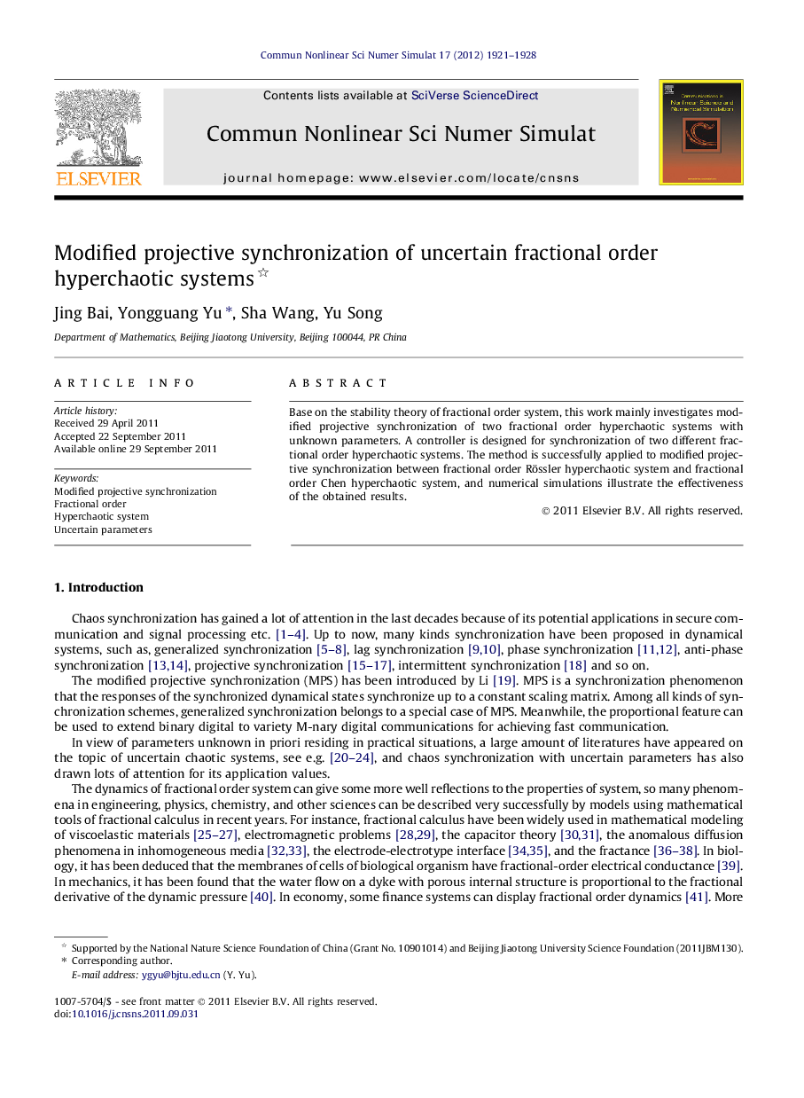 Modified projective synchronization of uncertain fractional order hyperchaotic systems 