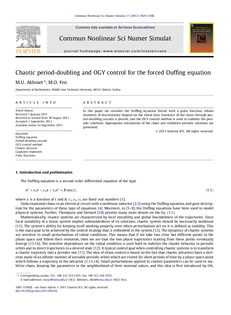 Chaotic period-doubling and OGY control for the forced Duffing equation