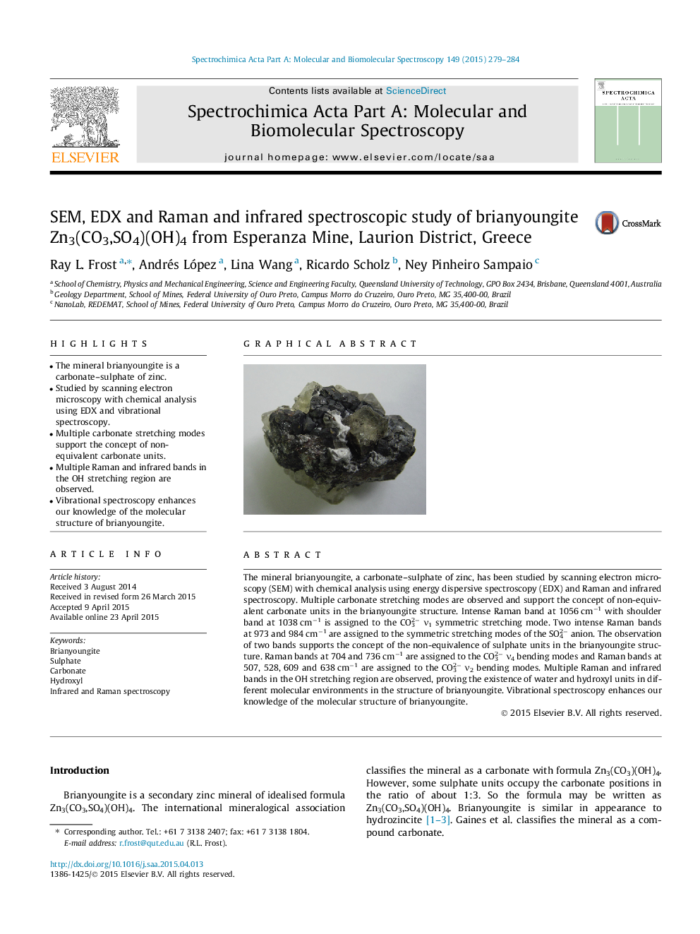 SEM, EDX and Raman and infrared spectroscopic study of brianyoungite Zn3(CO3,SO4)(OH)4 from Esperanza Mine, Laurion District, Greece