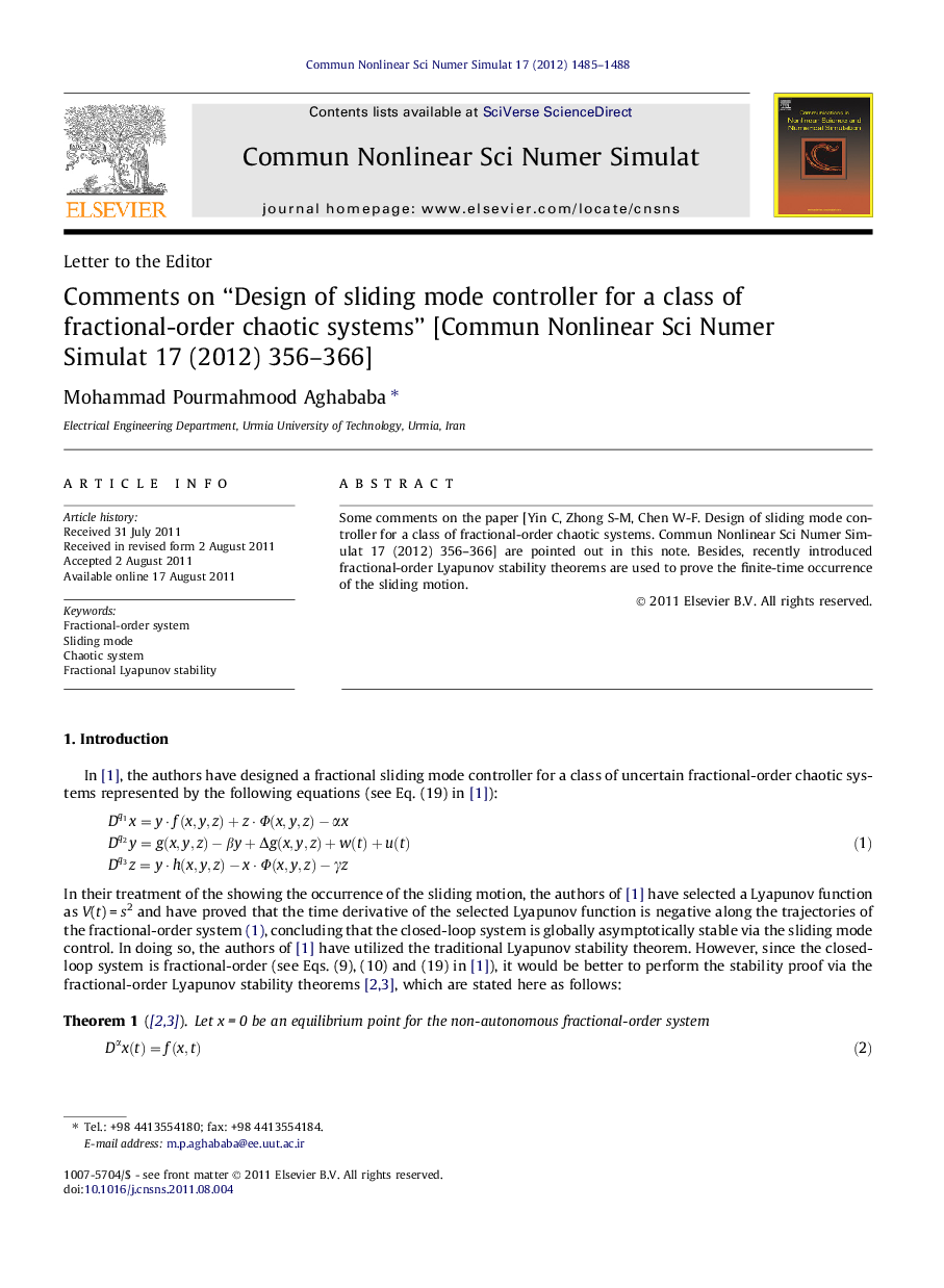 Comments on “Design of sliding mode controller for a class of fractional-order chaotic systems” [Commun Nonlinear Sci Numer Simulat 17 (2012) 356–366]