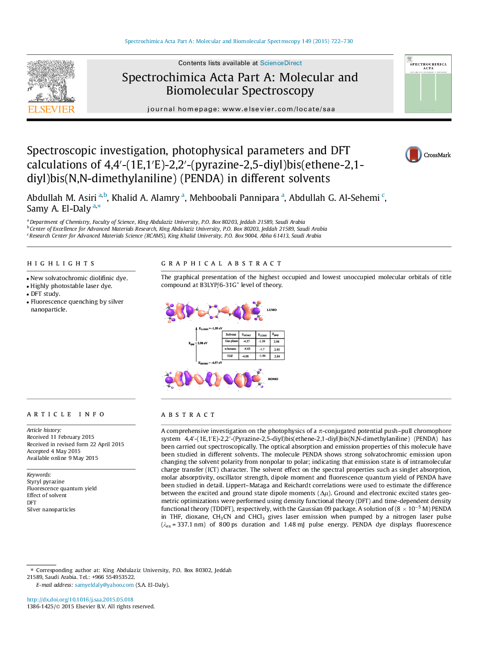 Spectroscopic investigation, photophysical parameters and DFT calculations of 4,4â²-(1E,1â²E)-2,2â²-(pyrazine-2,5-diyl)bis(ethene-2,1-diyl)bis(N,N-dimethylaniline) (PENDA) in different solvents