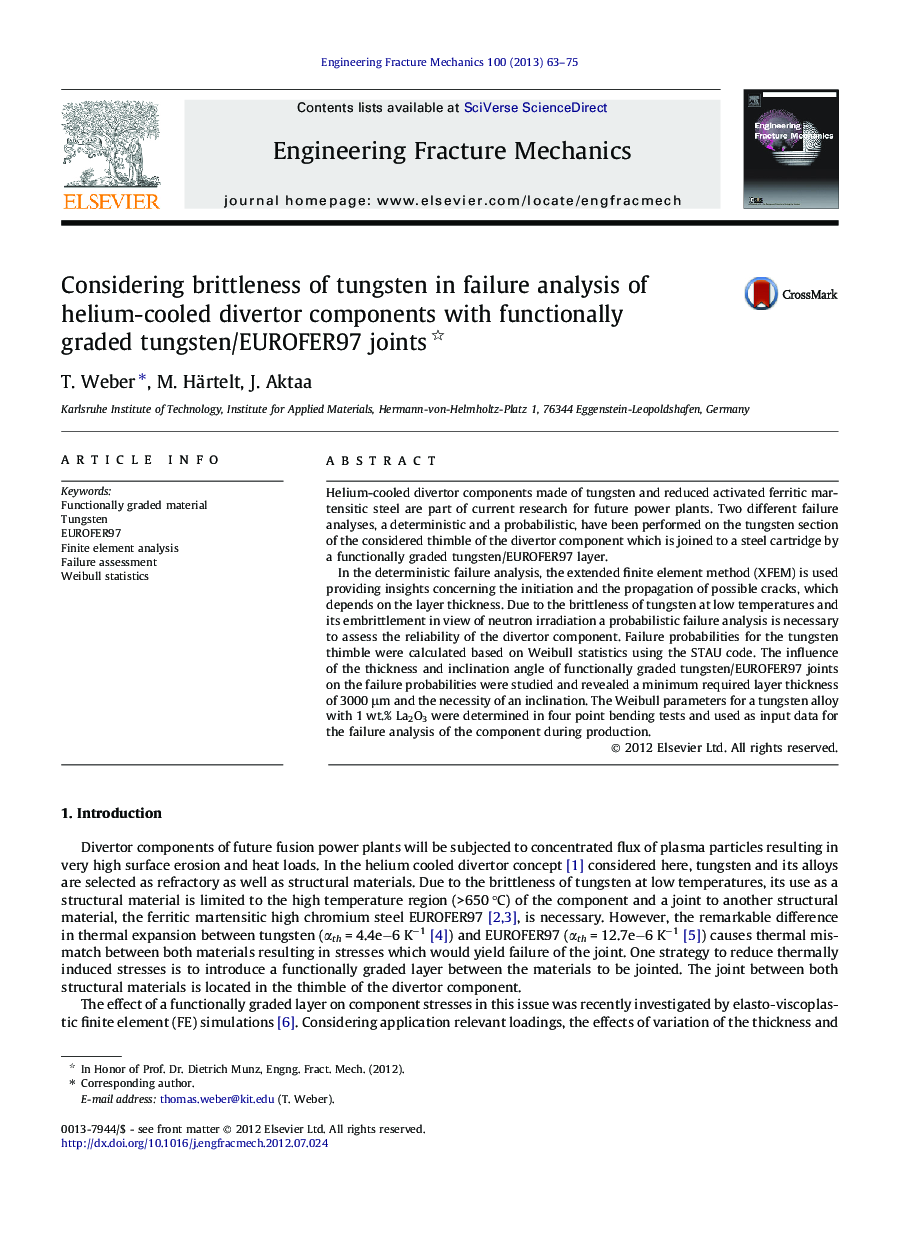 Considering brittleness of tungsten in failure analysis of helium-cooled divertor components with functionally graded tungsten/EUROFER97 joints 