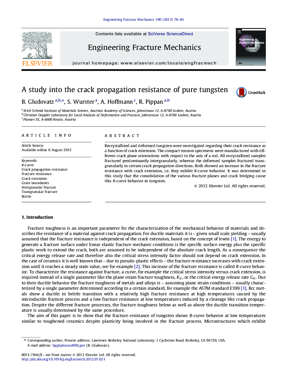 A study into the crack propagation resistance of pure tungsten